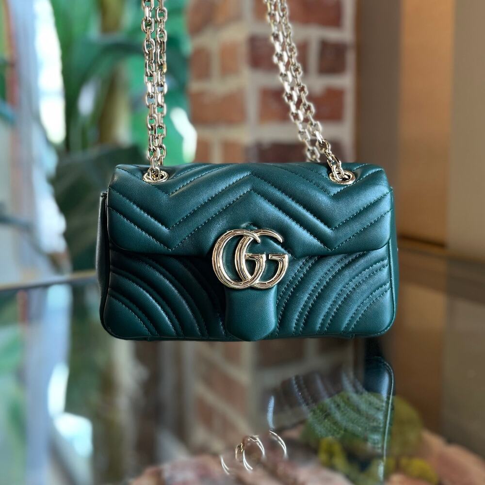 GUCCI GG Marmont Small Green Matelassé Chevron Nappa Leather Shoulder Bag